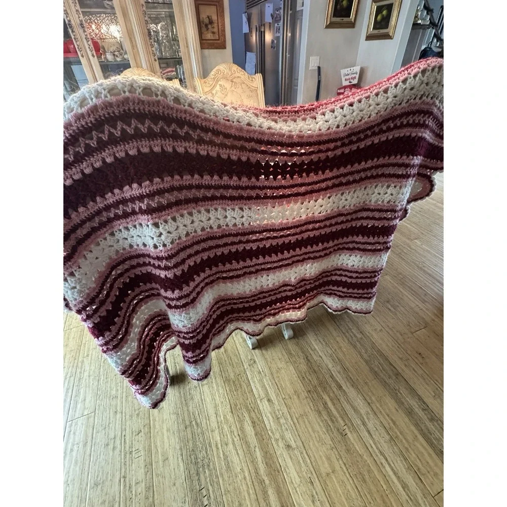 Handmade Red, Pink White Knitted Crocheted Throw Blanket Size 48x64